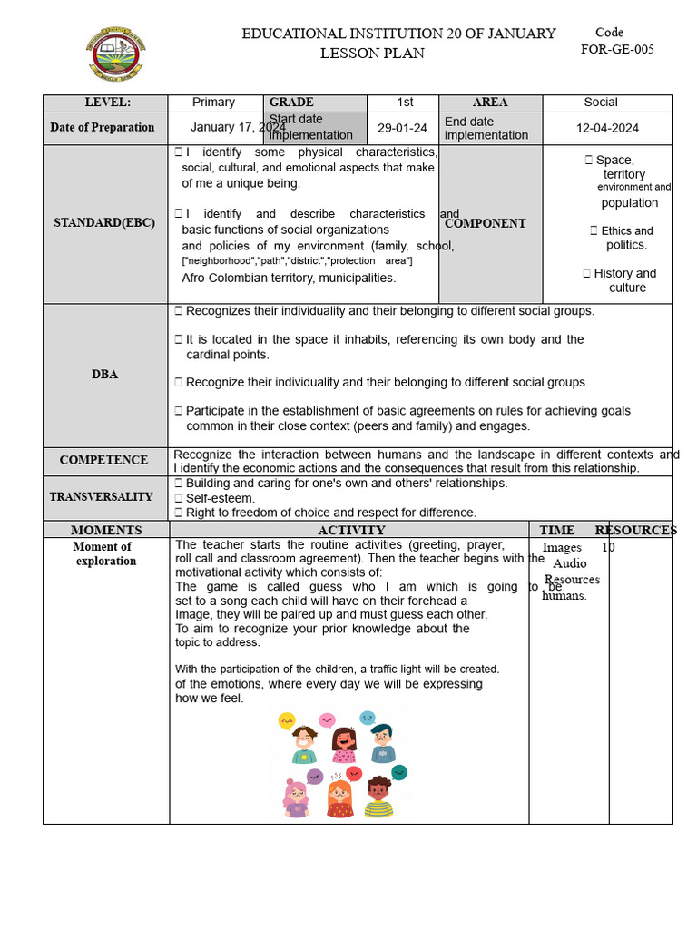 SOCIAL STUDIES LESSON PLAN FIRST GRADE 2024 | PDF | Emotions ...