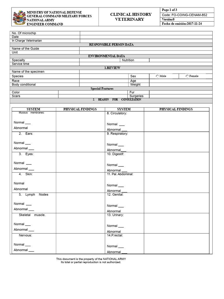 Veterinary Clinical History Template | PDF | Medicine | Medical Specialties