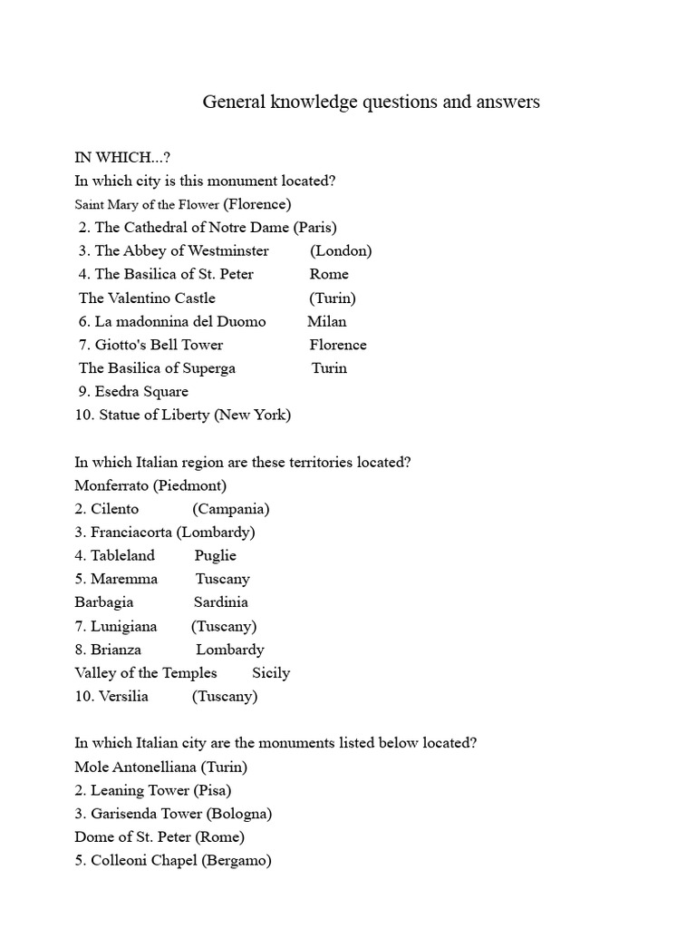General Knowledge Quiz Questions & Answers | PDF | Italy | Biblical Magi
