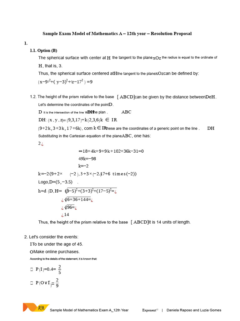 12th Year Mathematics Exam Model | PDF | Sphere | Tangent