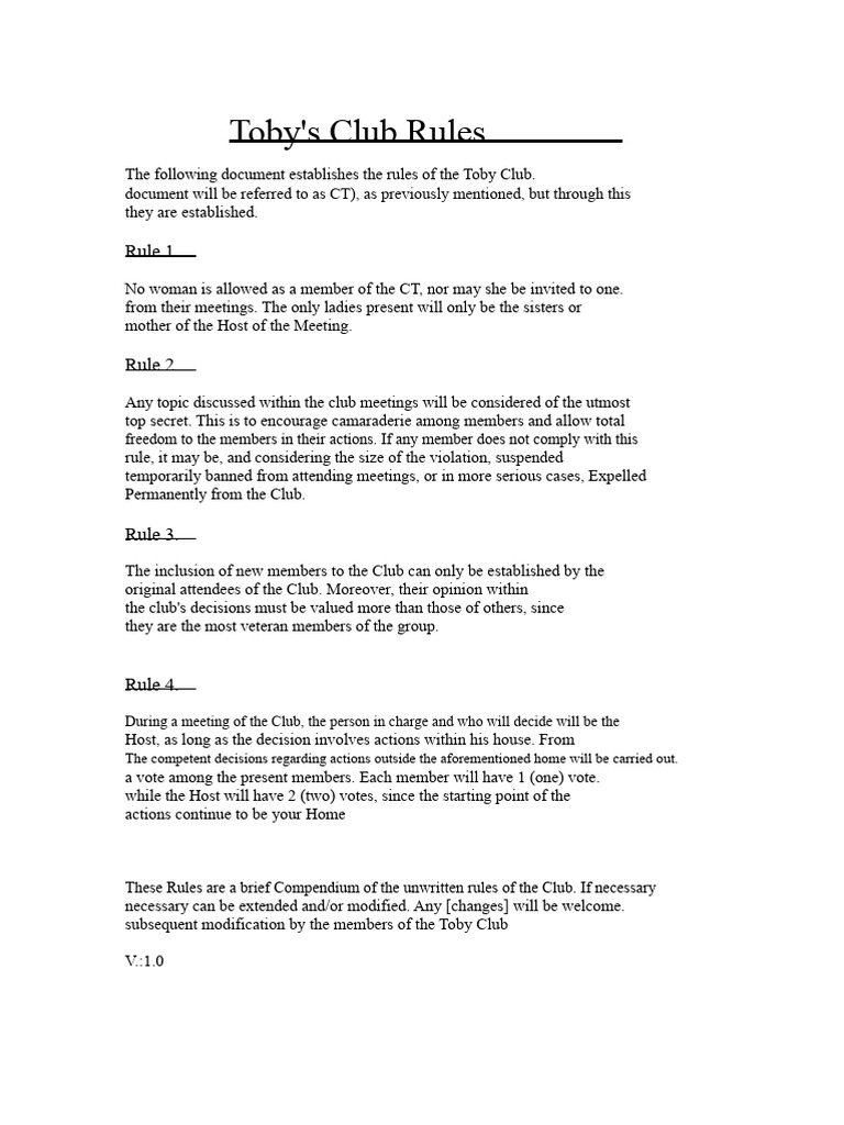 Rules of Toby's Club | PDF