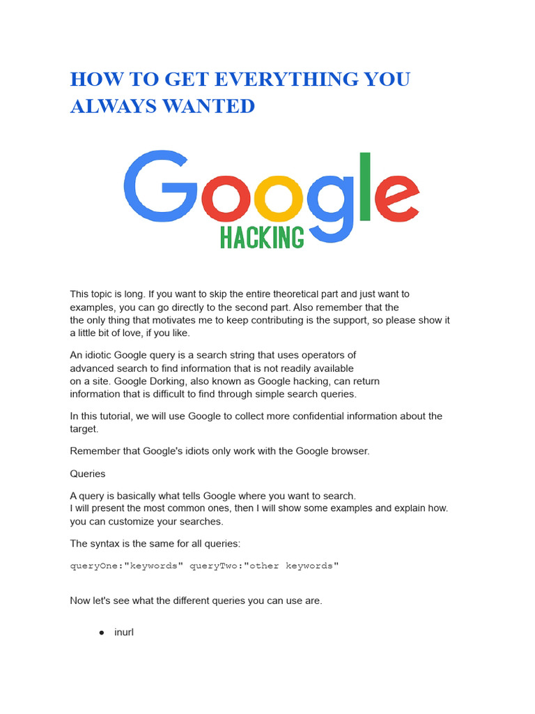 Master Google Dorking Techniques | PDF | World Wide Web | Internet & Web
