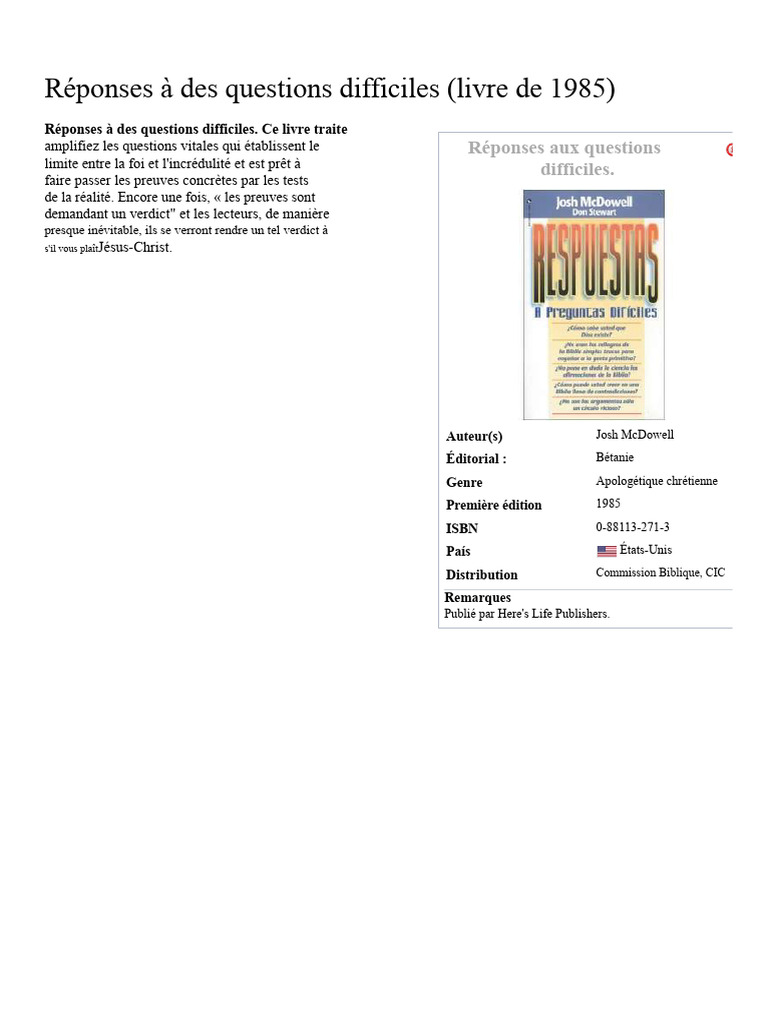 Réponses aux questions chrétiennes difficiles | PDF | Bible ...