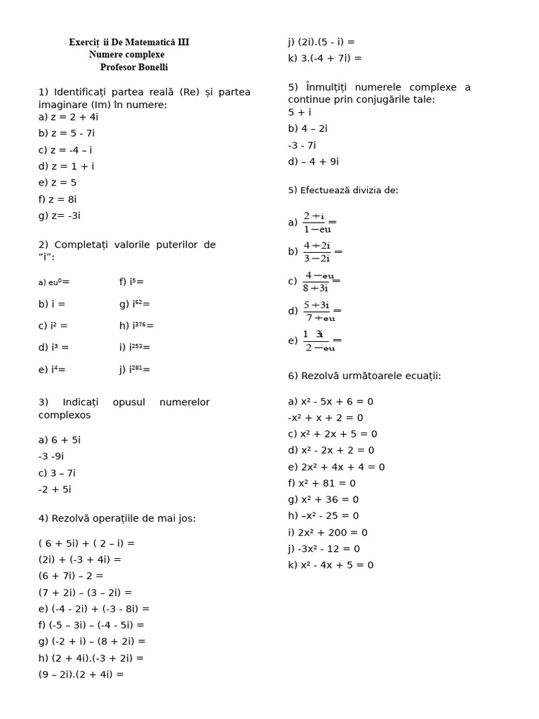 Lista de Exerciții Cu Numere Complexe | PDF