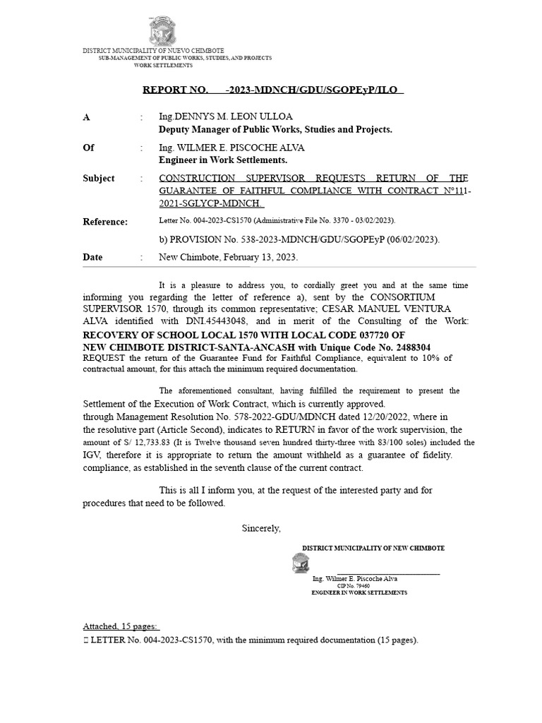Work Supervisor Requests Refund of The Performance Bond According To ...