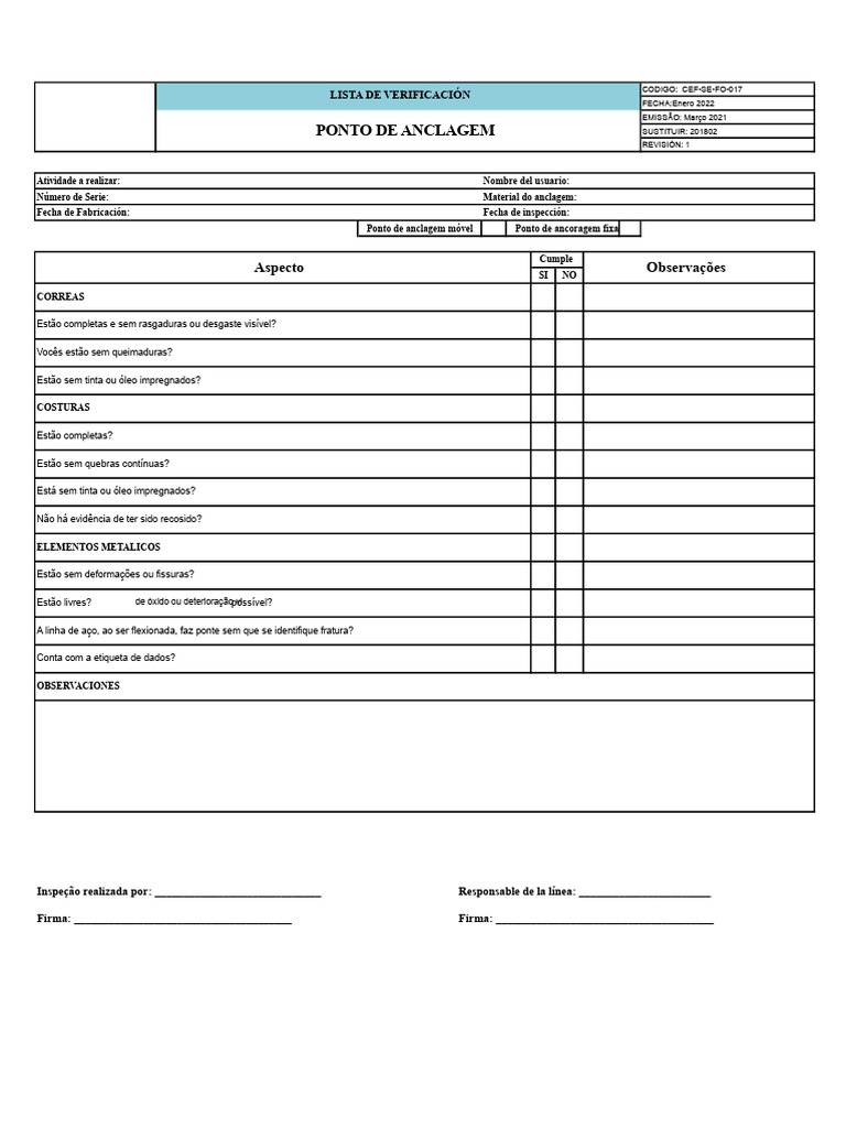 Checklist de Inspeção de Ancoragem | PDF