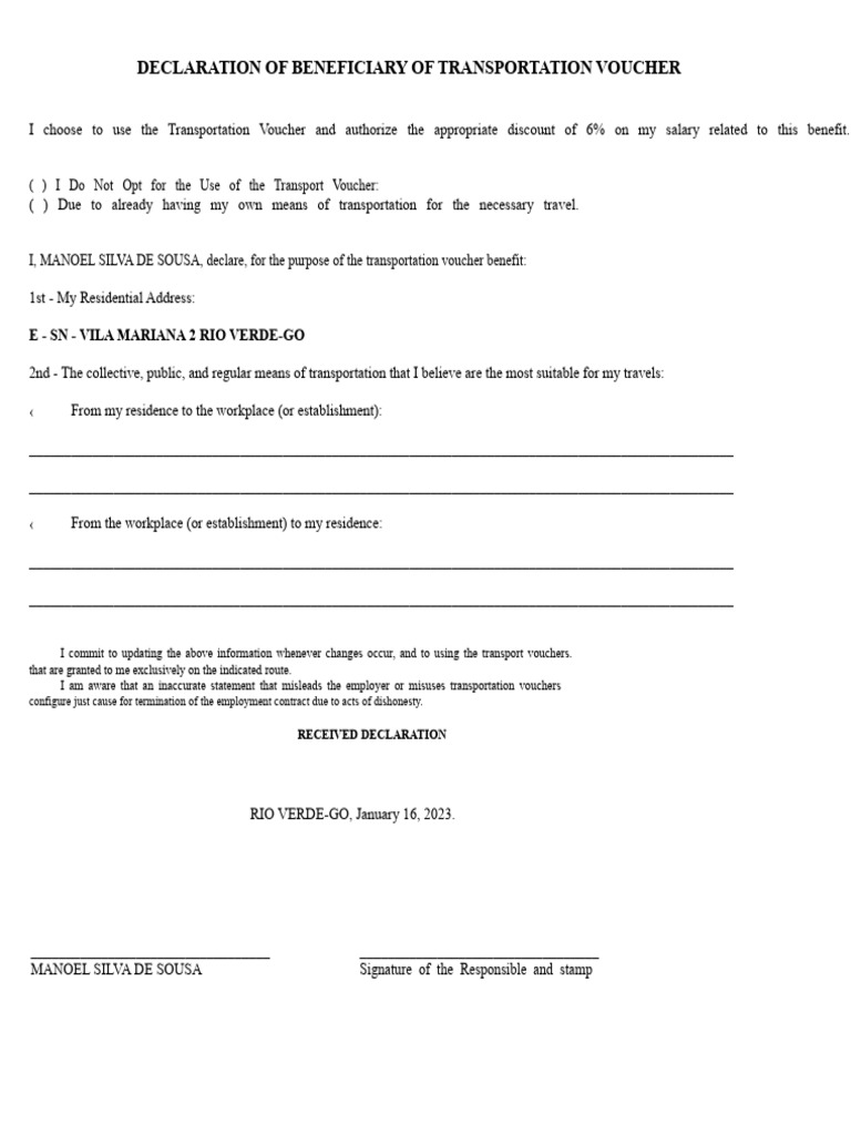 Transportation Voucher Declaration Form | PDF