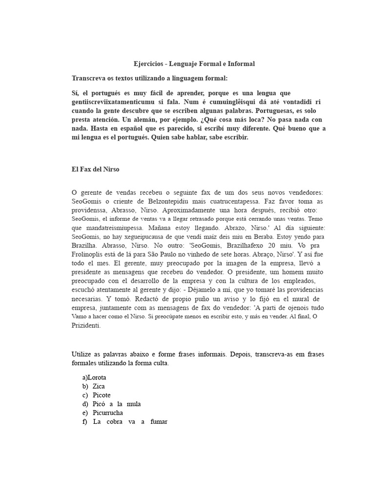 Ejercicios - Lenguaje Formal e Informal | PDF
