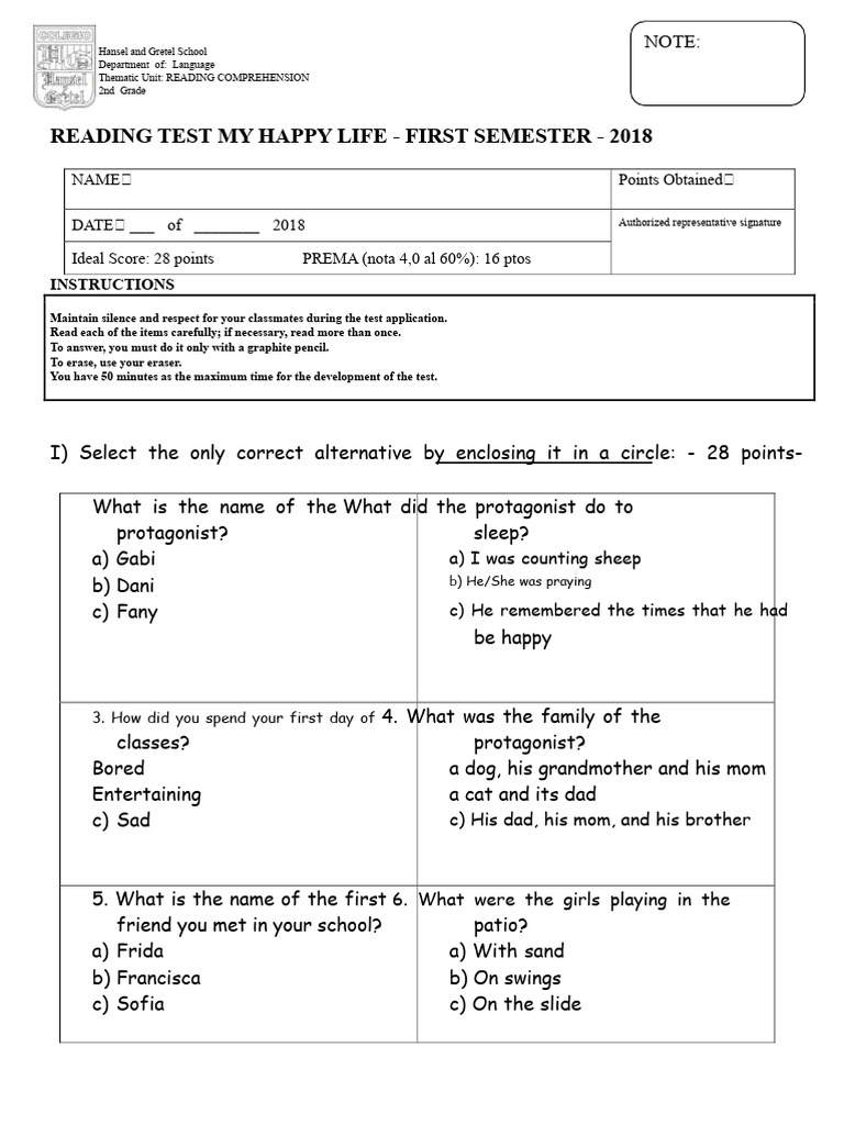 2nd Grade Reading Comprehension Test | PDF