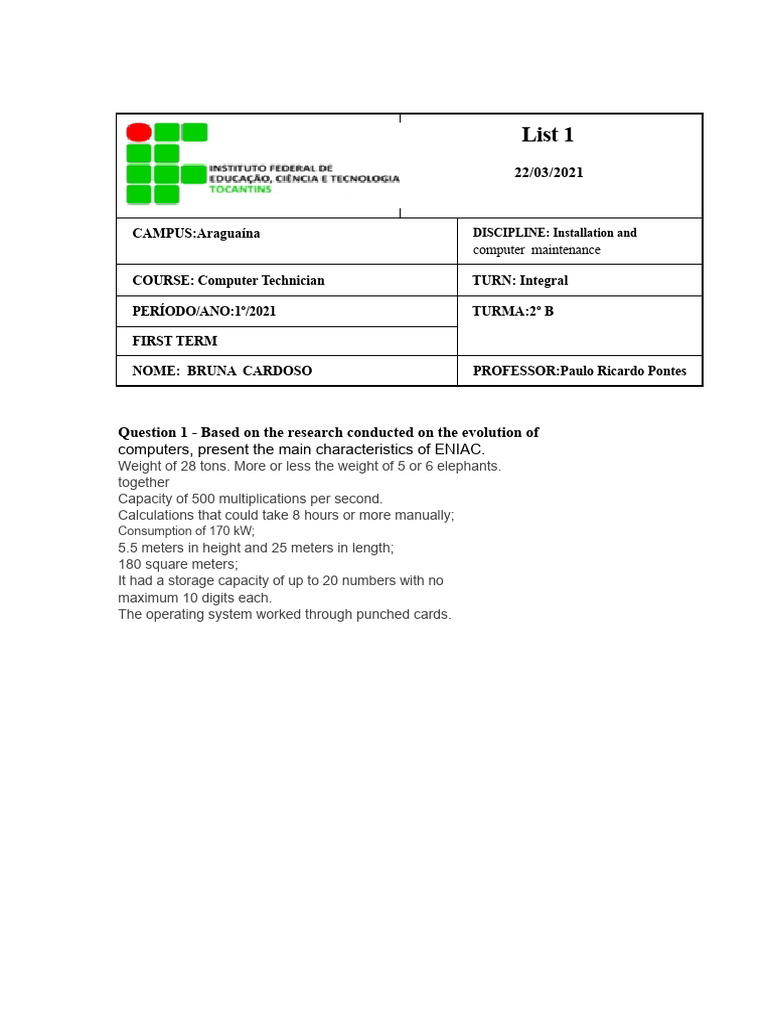 List 1 - exercise evolution of computers | PDF | Integrated Circuit ...