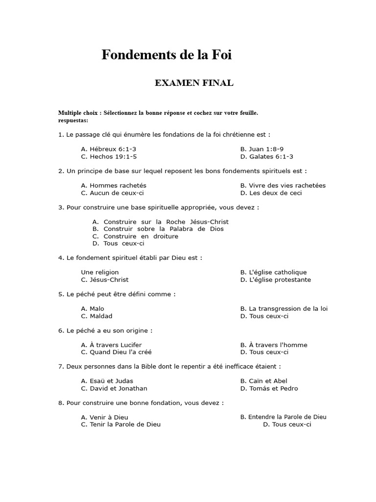 Examen Final sur les Fondements de la Foi | PDF | Baptisme | Saint-Esprit