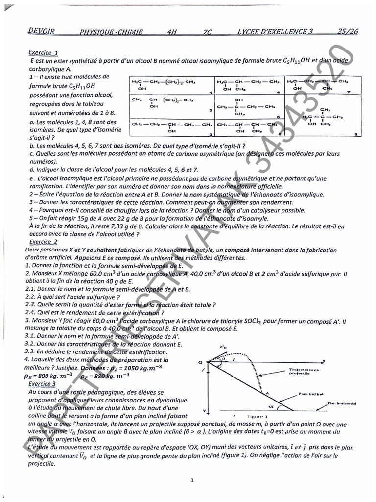 Devoir PC 7C Lycée D'excellence 3 2025-2026 | PDF