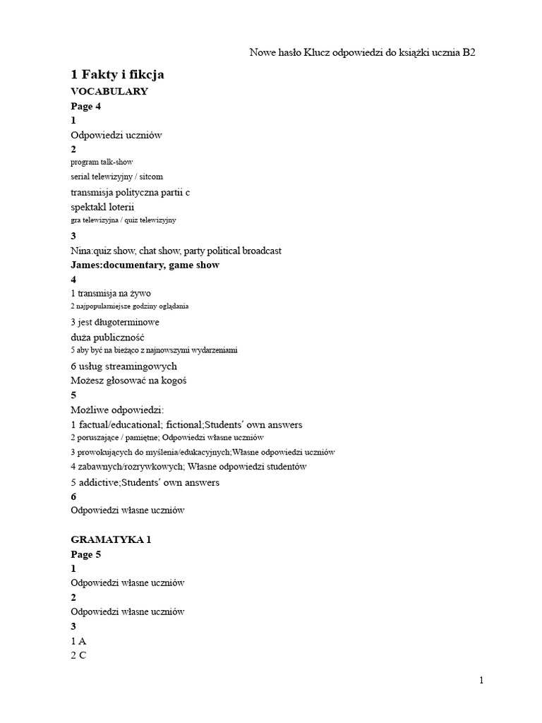 Nowe Hasło B2 SB Odpowiedzi | PDF