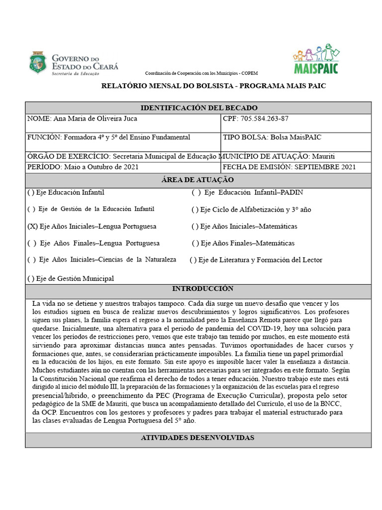 informe del becado septiembre de 2021 | PDF | Enseñando | Educación de ...