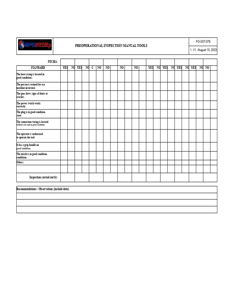 Preoperational Tool Inspection Checklist | PDF