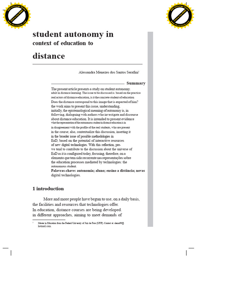 Student Autonomy in Distance Education | PDF | Émile Durkheim | Autonomy