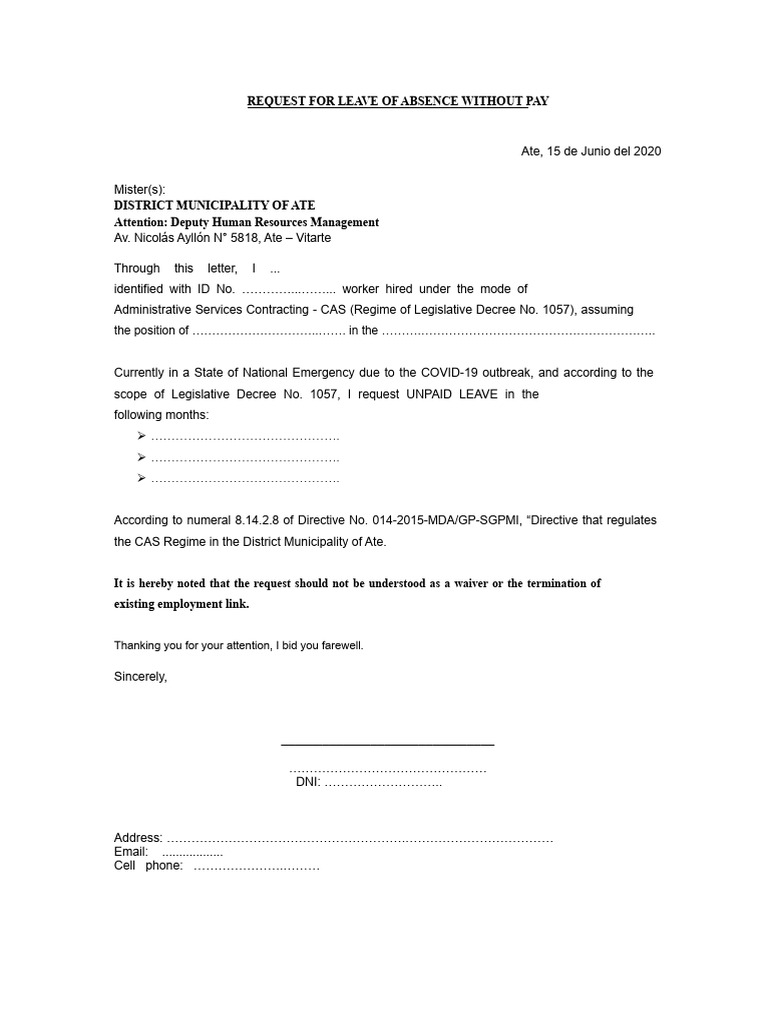 Model Request For Leave of Absence Without Pay | PDF