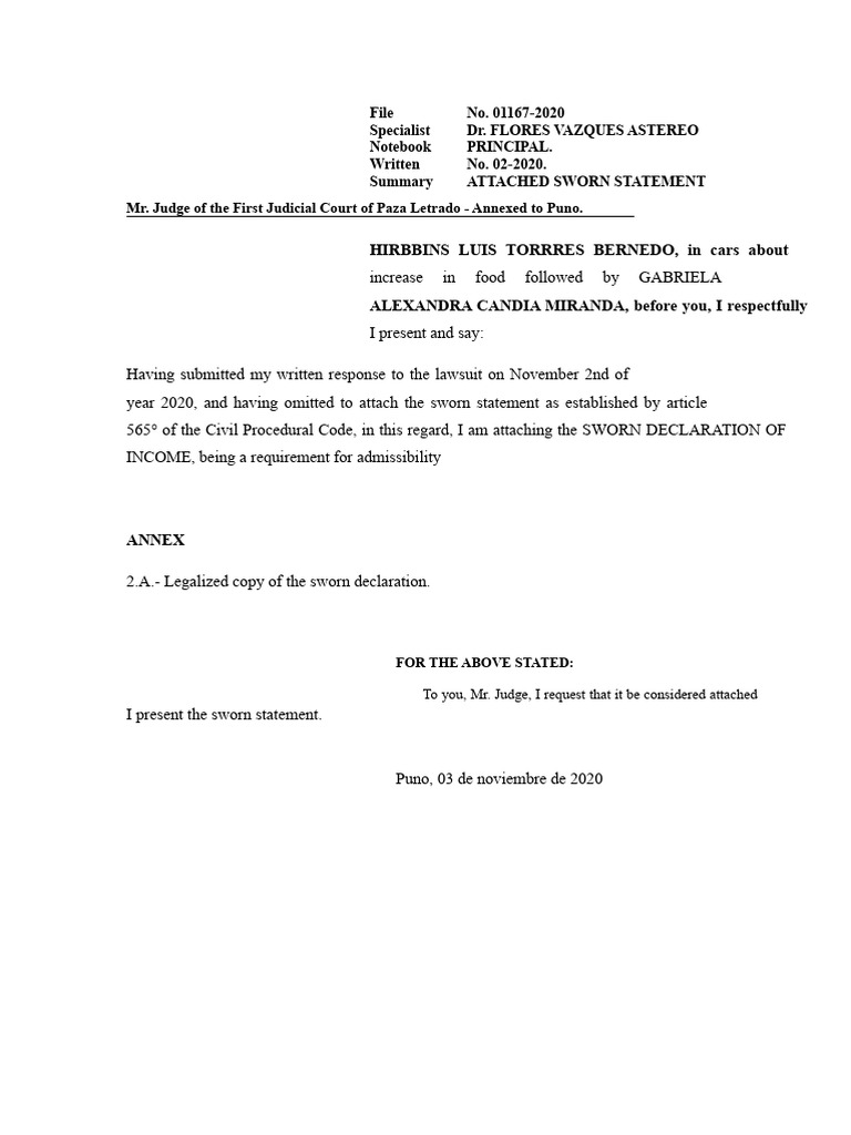 Sworn Statement Submission for Court Case | PDF