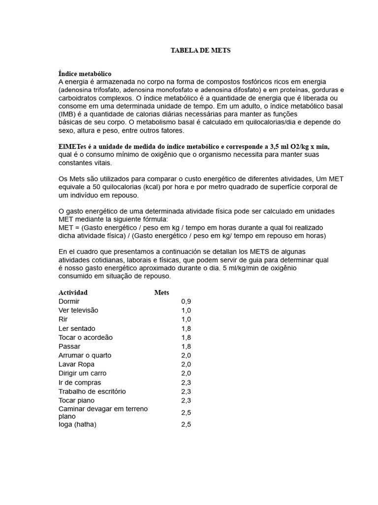 Tabela de METs: Gasto Energético Diário | PDF | Metabolismo | Caloria