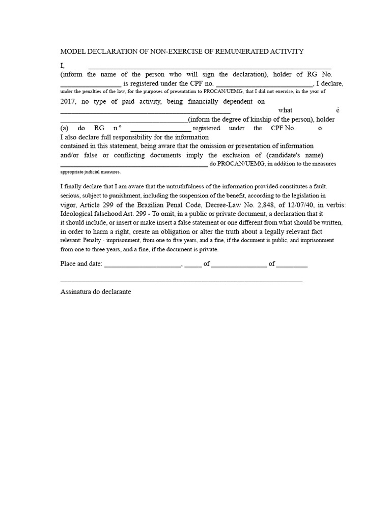 Model Declaration of Non-Exercise of Remunerated Activity | PDF