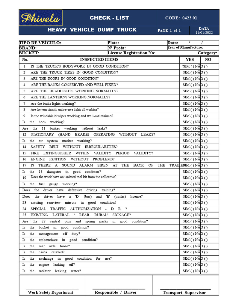 Heavy Vehicle Dump Truck Inspection Checklist | PDF | Truck | Vehicles