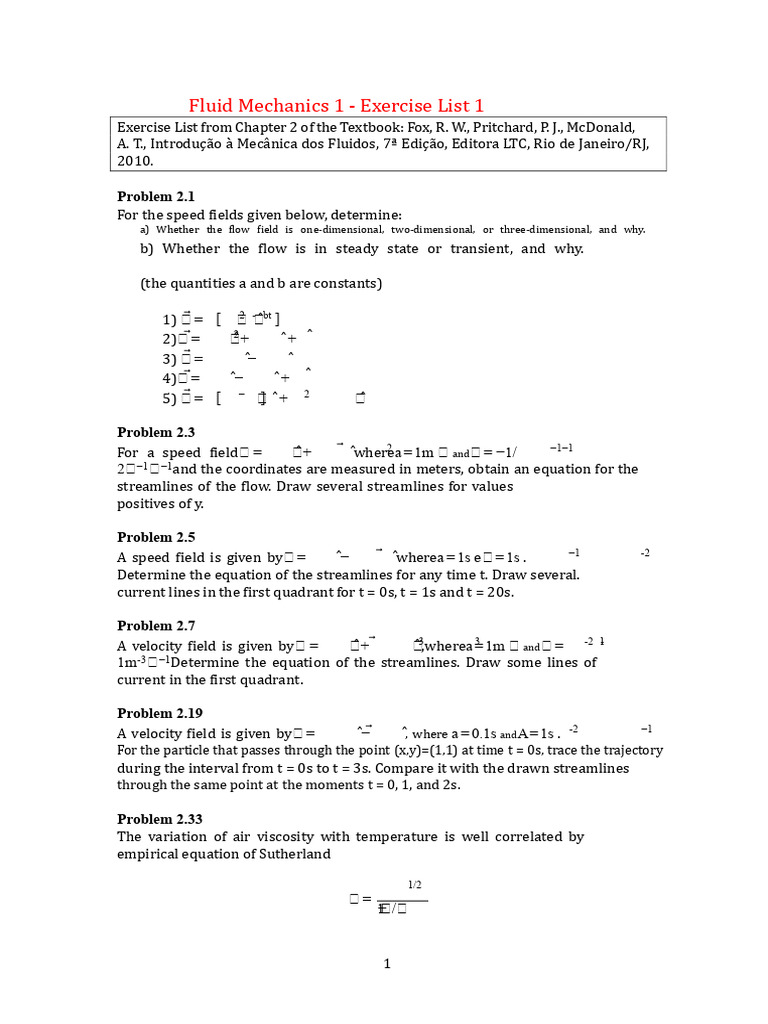Fluid Mechanics Exercise Problems List | PDF | Viscosity | Soft Matter