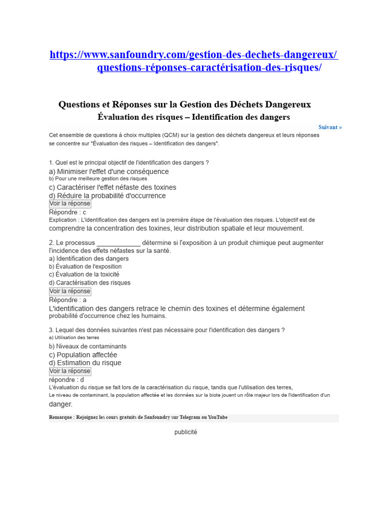 Questions sur la gestion des déchets dangereux | PDF | Risque | Gestion ...