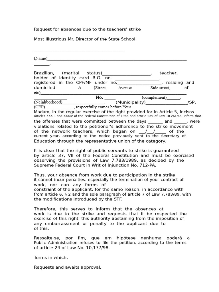 Teacher Strike Absence Request Letter | PDF | Government | Common Law
