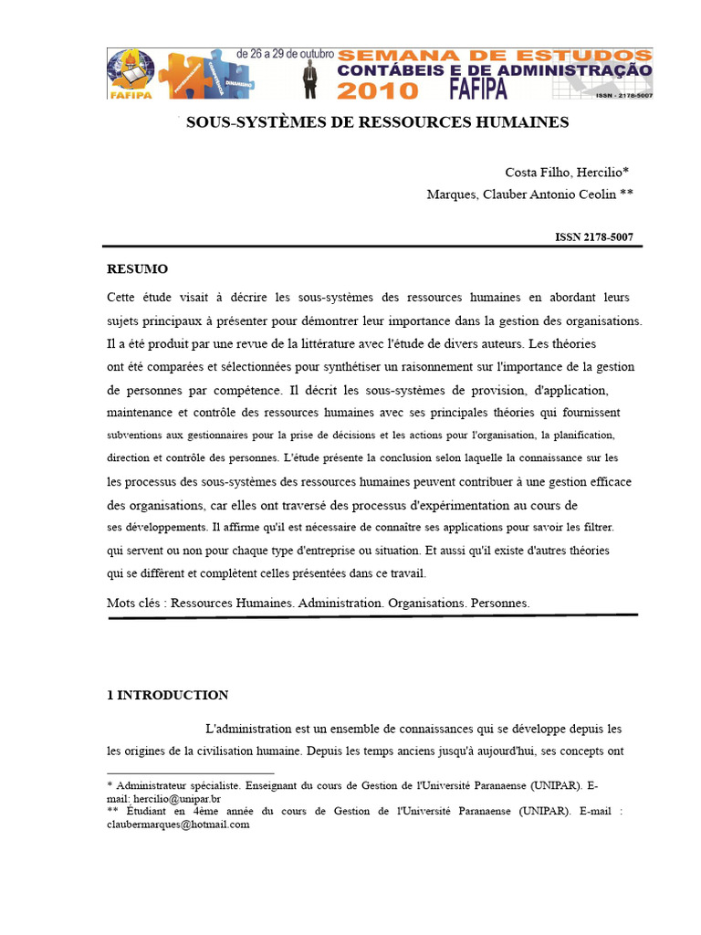 Sous-systèmes des ressources humaines | PDF | Recrutement | Gestion des ...
