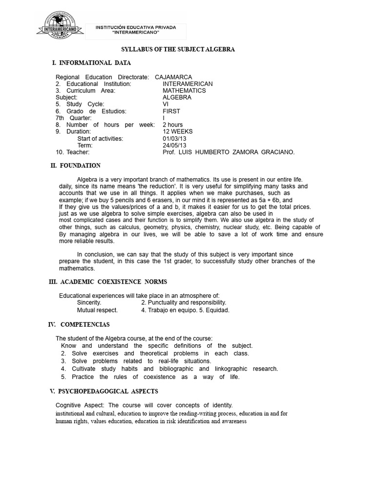 Syllabus of The Subject of Algebra 1ST Grade | PDF | Polynomial ...