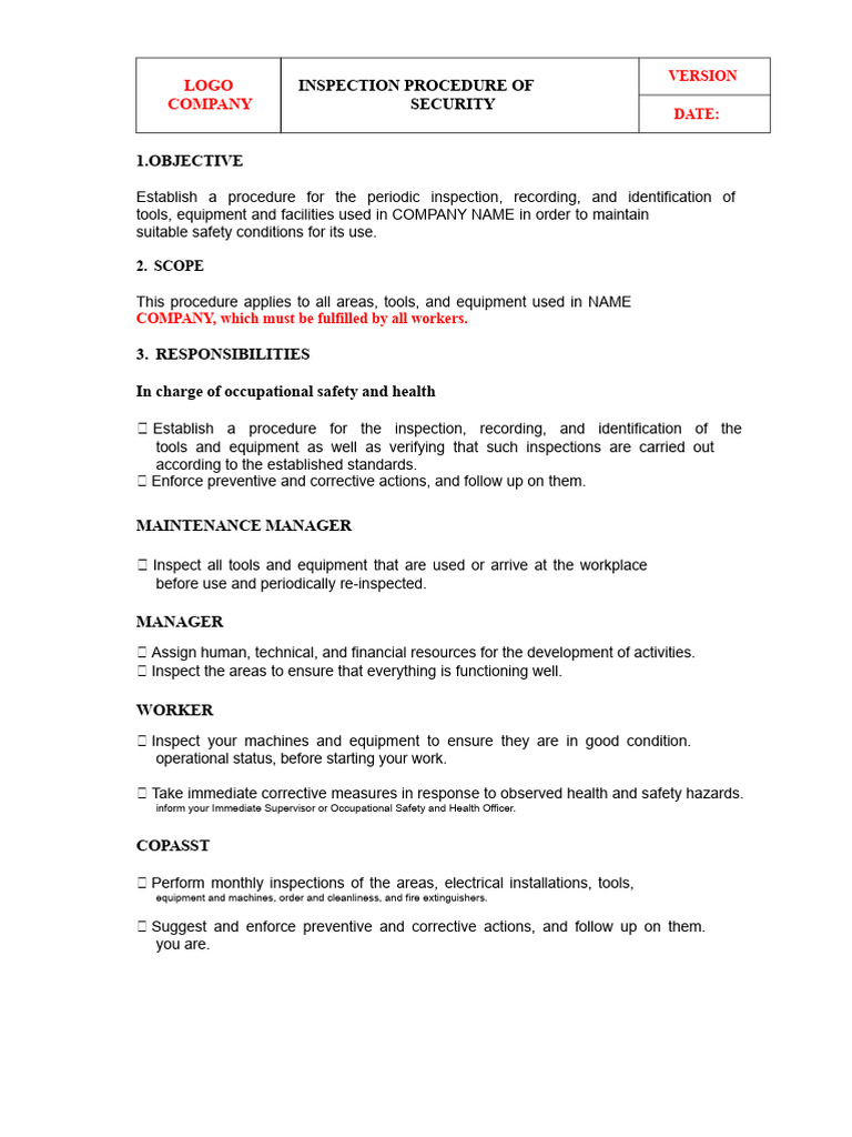 Safety Inspection Procedures | PDF | Occupational Safety And Health ...