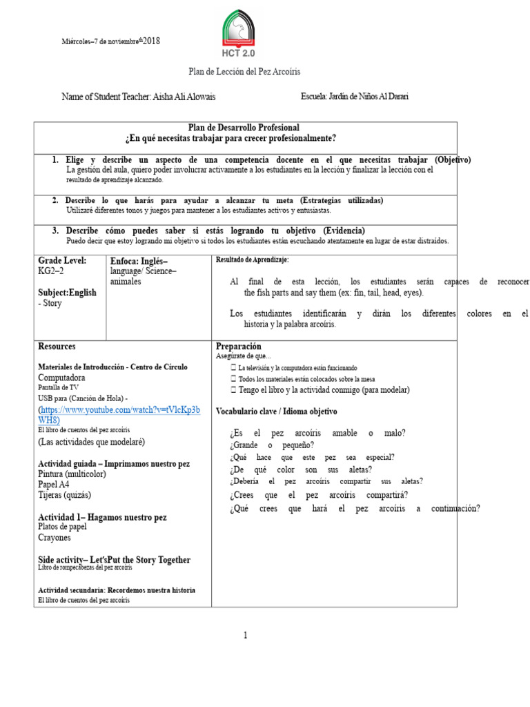 Plan de Lección: Pez Arcoíris para KG2 | PDF | Aprendizaje