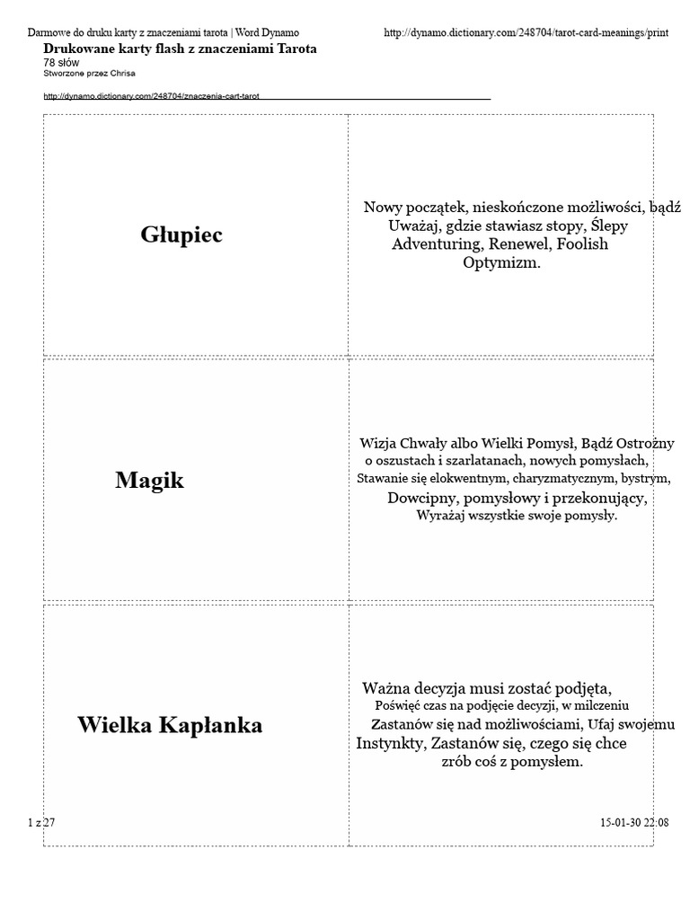 Darmowe do druku karty z znaczeniami Tarota | Word Dynamo | PDF