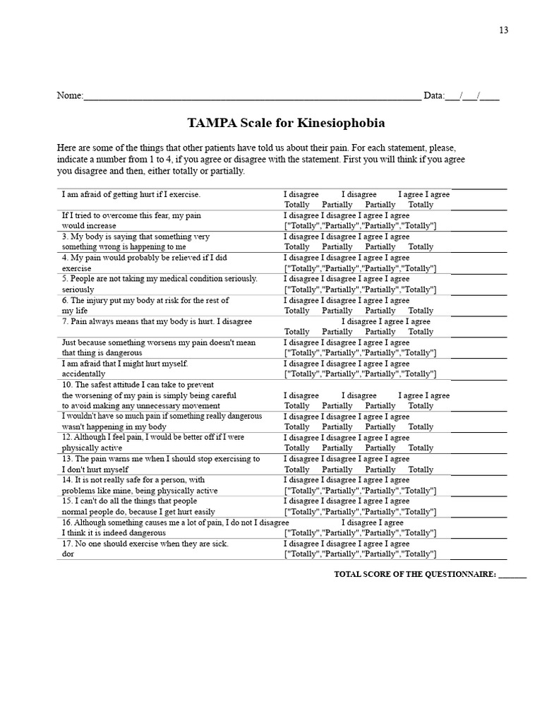 Tampa Scale For Kinesiophobia | PDF | Pain