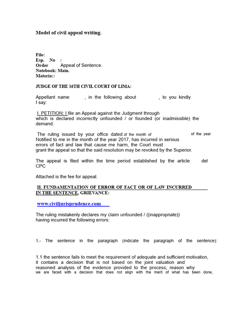 Civil Appeal Writing Model Guide | PDF | Appeal | Judgment (Law)