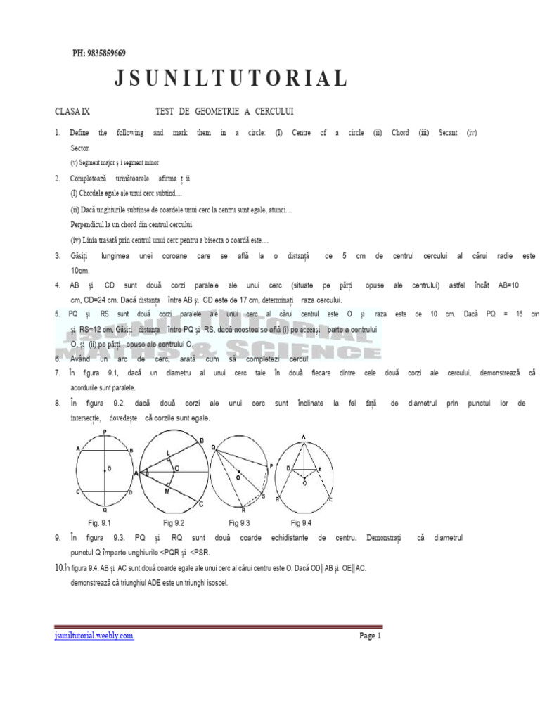 Test de Cerc Matematică Clasa A 9-A - 3 | PDF