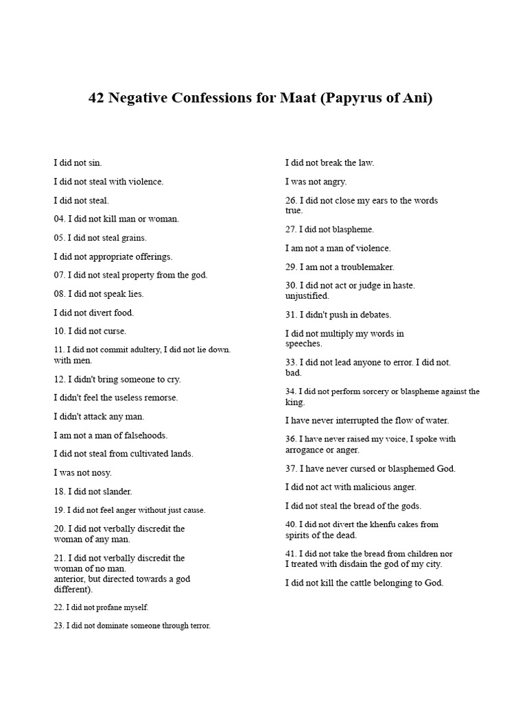 42 Negative Confessions For Maat | PDF | Blasphemy | Anger