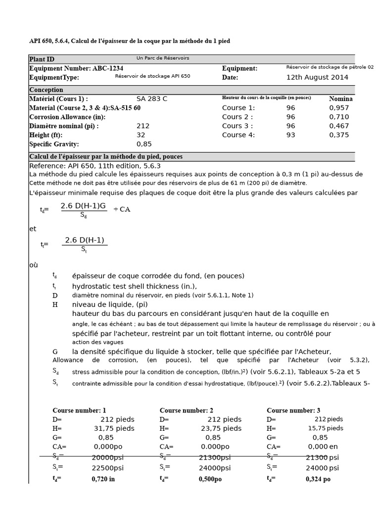 Calcul épaisseur coque API 650 méthode pied | PDF | Industrie lourde