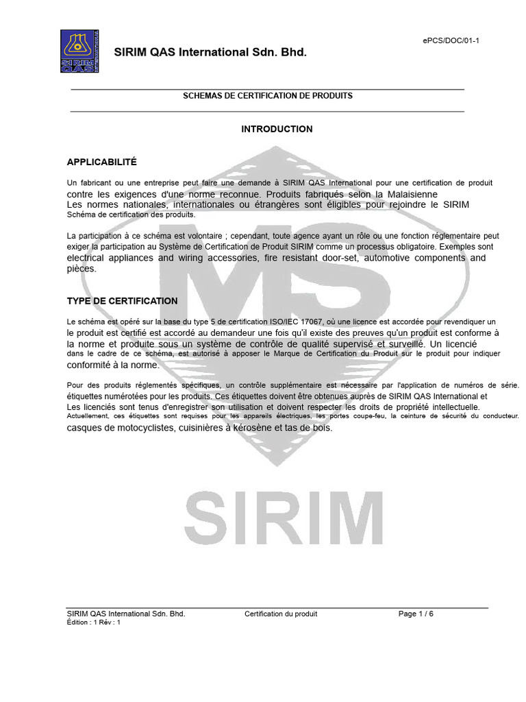 Certification de produits SIRIM QAS | PDF