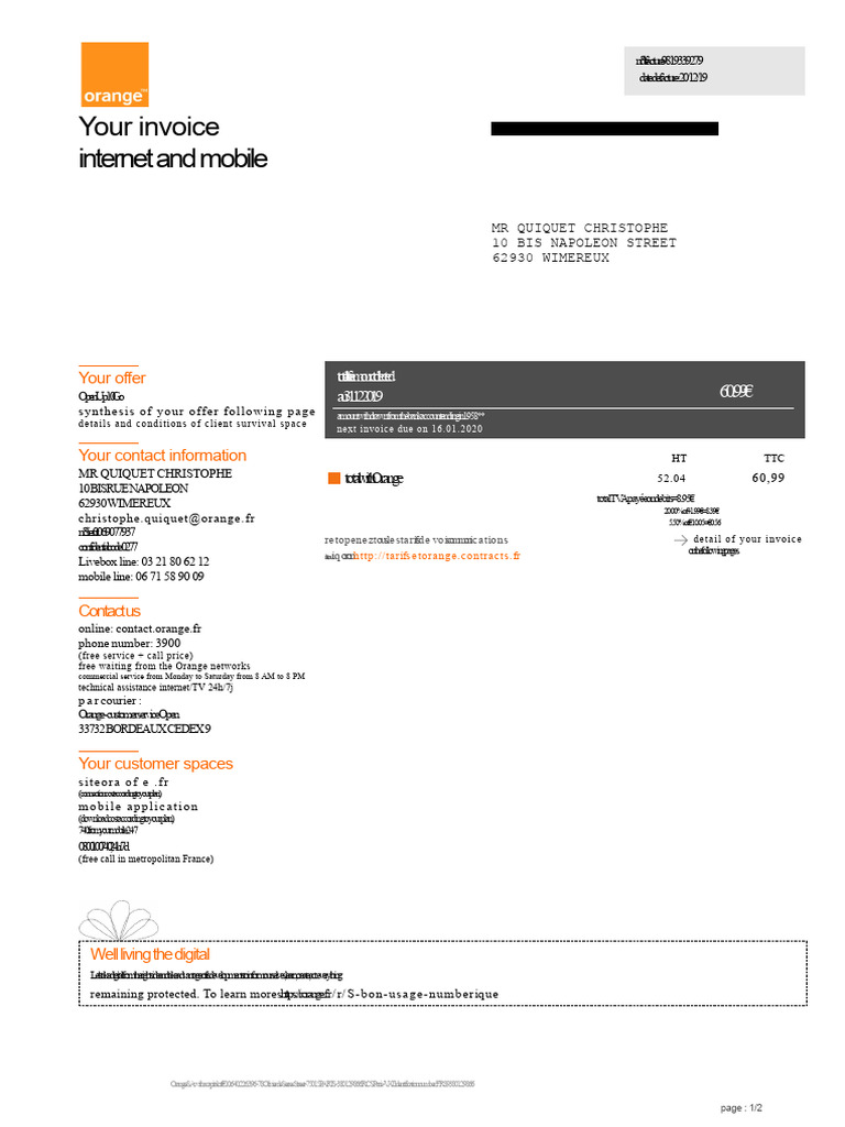 ORANGE invoice Christophe QUIQUET | PDF | Service Industries ...