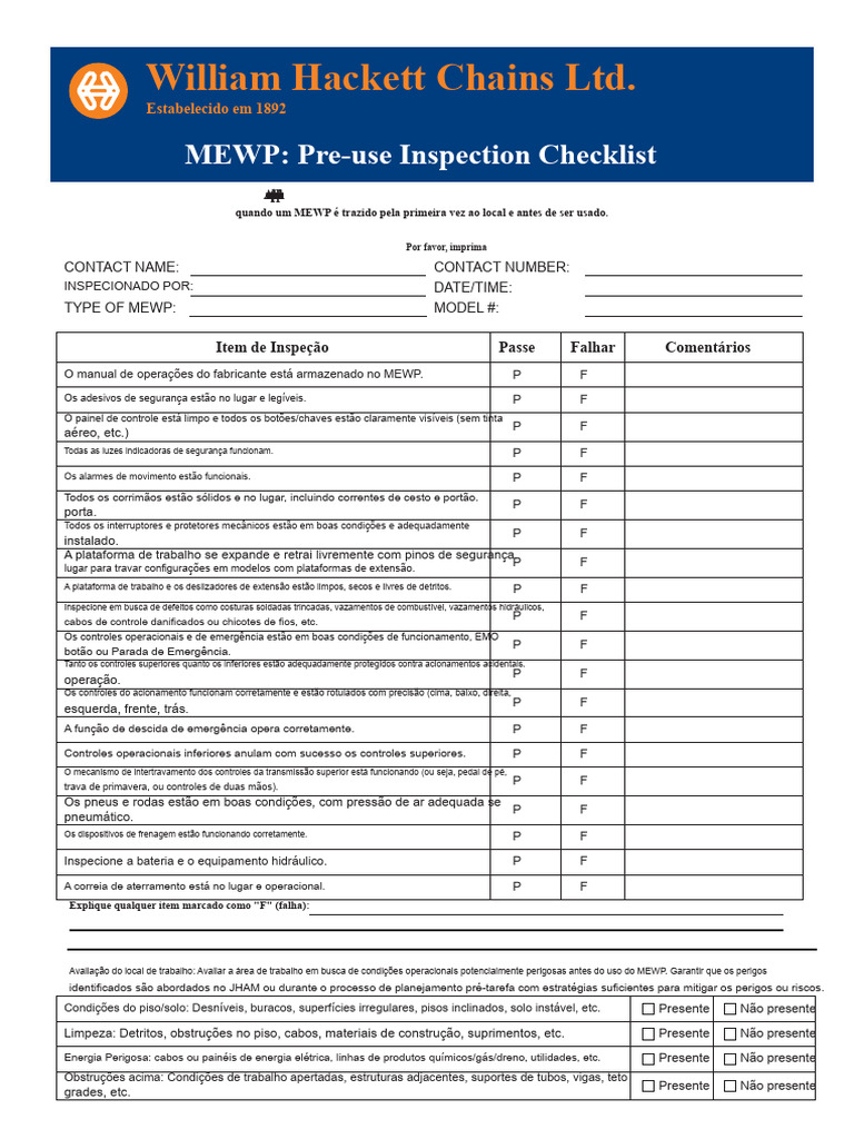 Checklist de Inspeção de MEWP | PDF