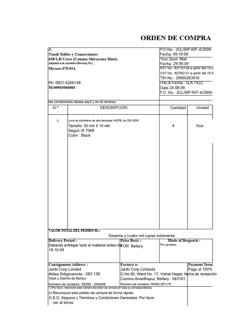 Orden de Compra para Lonas HDPE | PDF