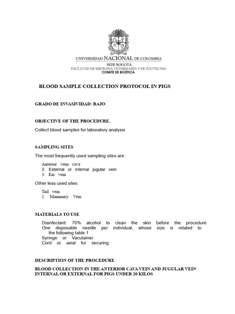 002 Protocol For Blood Sample Collection in Pigs | PDF | Vein | Medical ...