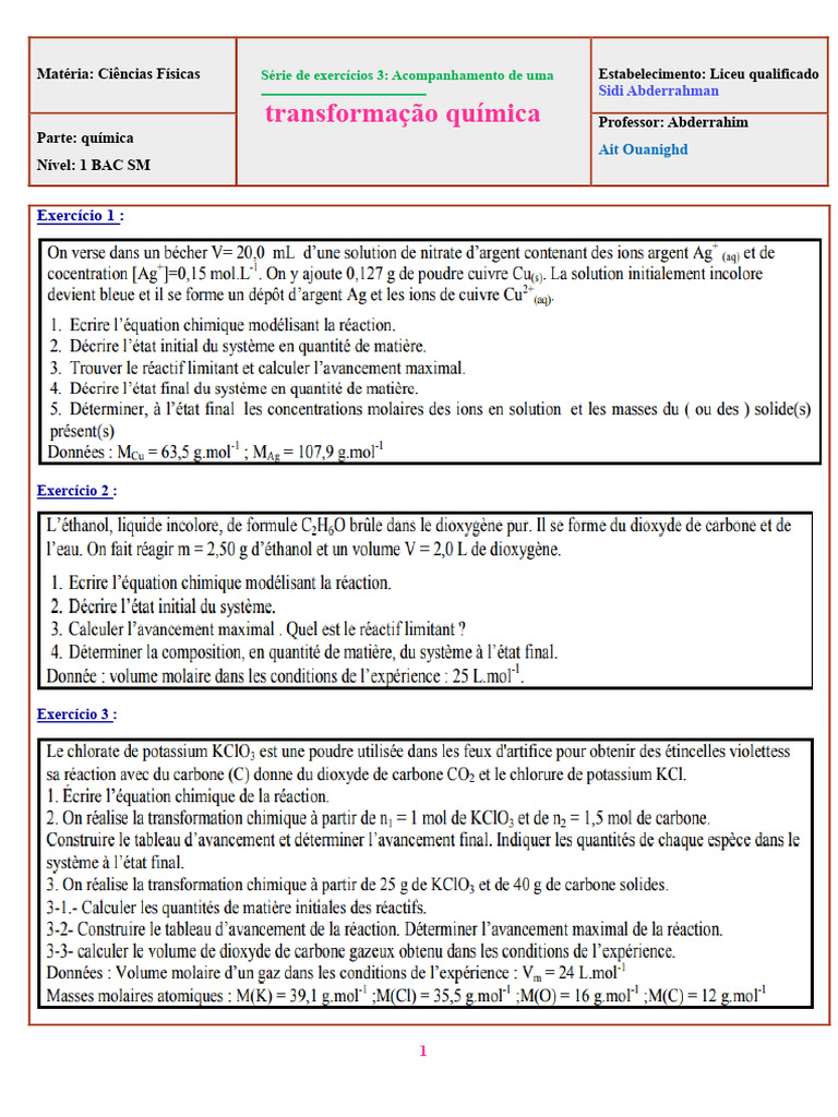 3. Série de exercícios Acompanhamento de uma transformação química | PDF