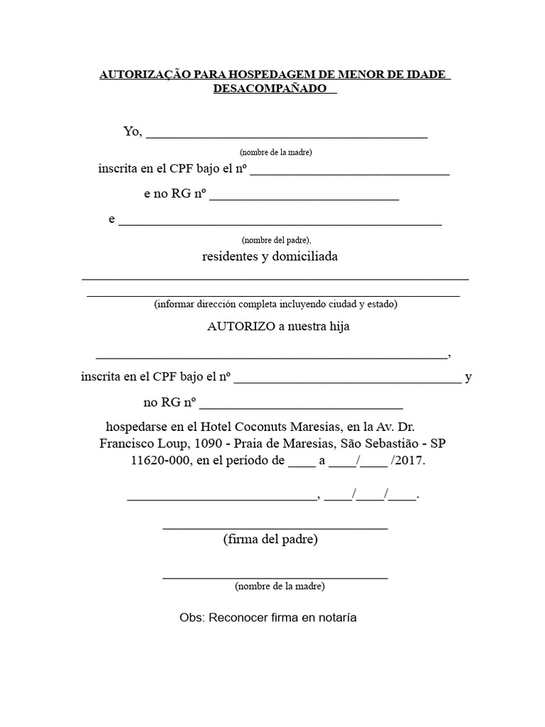 Autorización para Hospedaje de Menor | PDF