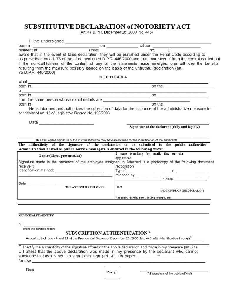 Substitutive Declaration of Notoriety Form | PDF | Identity Document ...