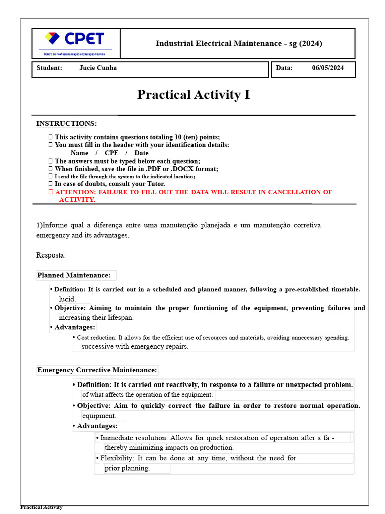 Industrial Electrical Maintenance Activity 1 2024 | PDF