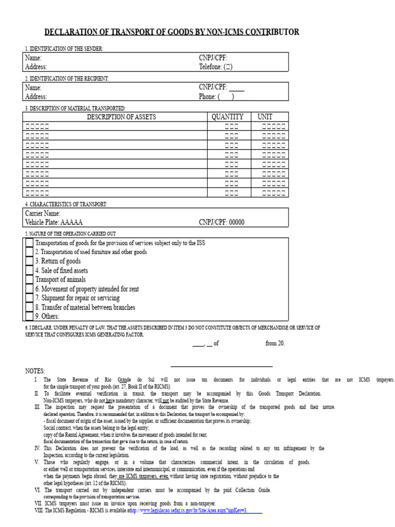 declaration_of_transport_of_goods_non_contributor (1) | PDF | Taxes ...