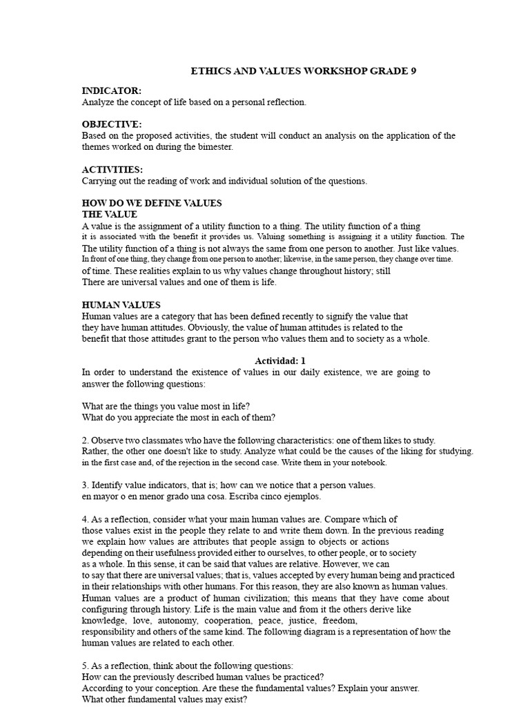 Grade 9 Ethics and Values Workshop | PDF | Value (Ethics) | Attitude ...