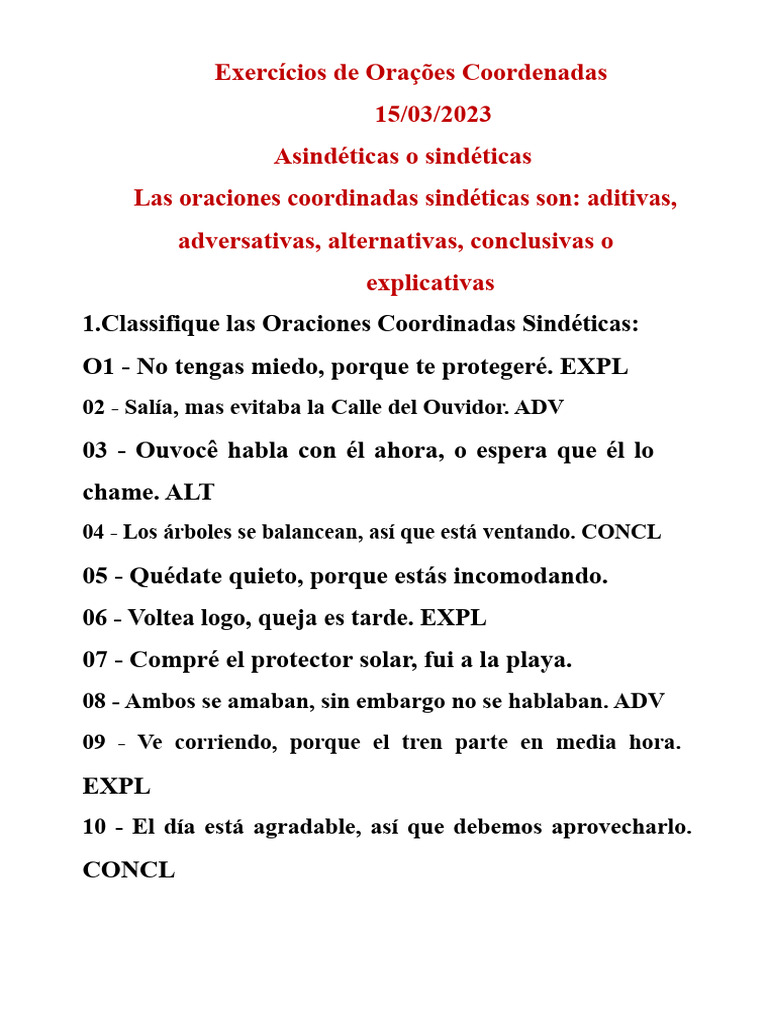 Ejercicios de Oraciones Coordinadas y Subordinadas | PDF